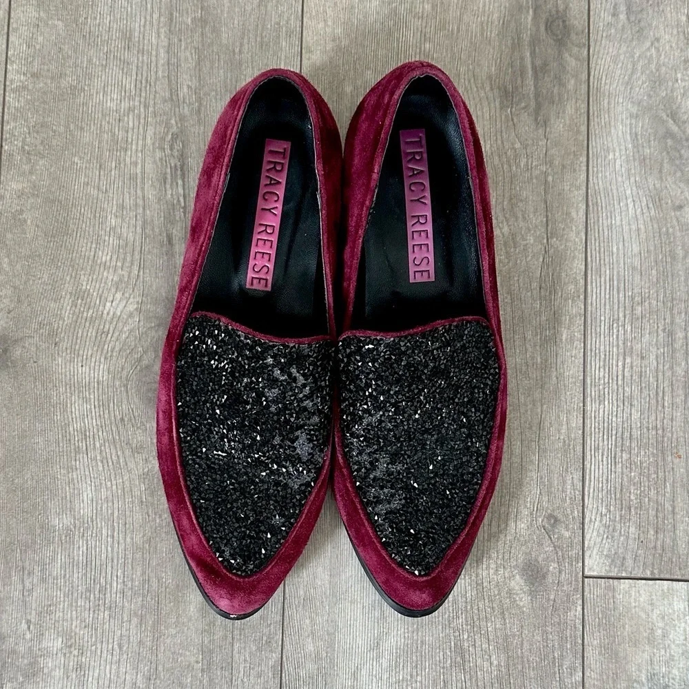 Tracy Reese Womens Size 8.5 Burgundy Suede Glitter Jewel Front Loafers